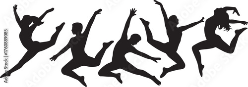 Silhouette dancers in expressive leaping movements