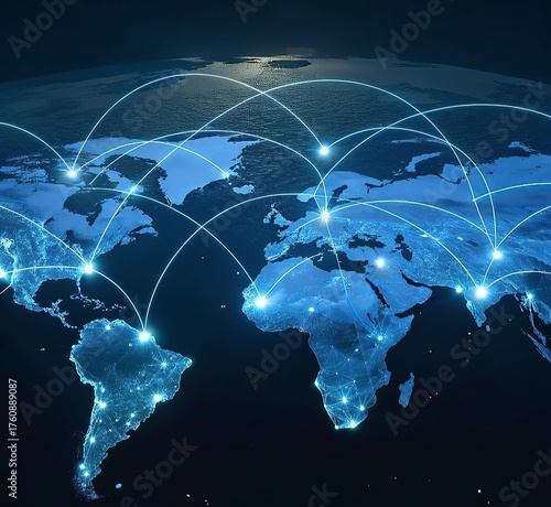 lobal network connection over the world. Internet New Best Concept of global business.World map with glowing lines on dark background. Network and communication show concept. 3D Rendering	