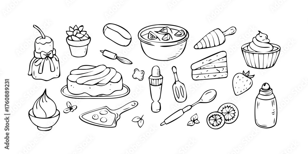 custom made wallpaper toronto digitalBakery outline icons set vector illustration. Line hand drawn ingredients to bake and cook in kitchen, bakers tools to make dough and whipped cream cake, food and dessert preparation.