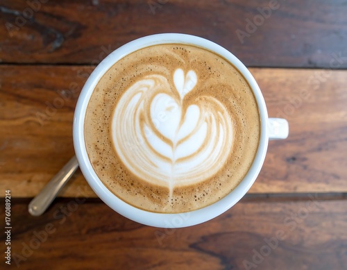 Latte Art - A Heartfelt Coffee Creation on Wooden Table.