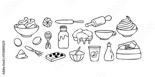 Bakery outline icons set vector illustration. Line hand drawn ingredients to bake and cook in kitchen, bakers tools to make dough and whipped cream cake, food and dessert preparation.