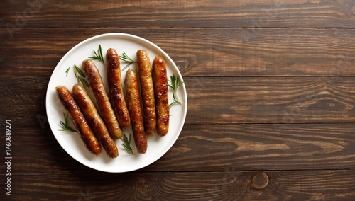 Plate with delicious grilled thin sausages on brown wooden backg