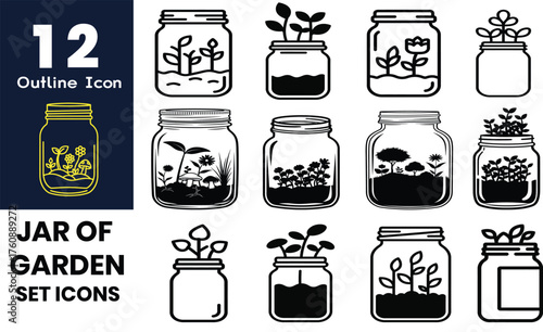 Collection of 12 outline icons representing plants growing in mason jars silhouette