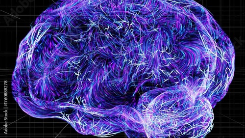 Detailed 3D animation showing the human brain and nervous system with glowing neural pathways and electrical impulses traveling through neurons.
