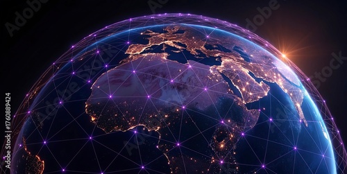 lobal network connection over the world. Internet New Best Concept of global business.World map with glowing lines on dark background. Network and communication show concept. 3D Rendering	