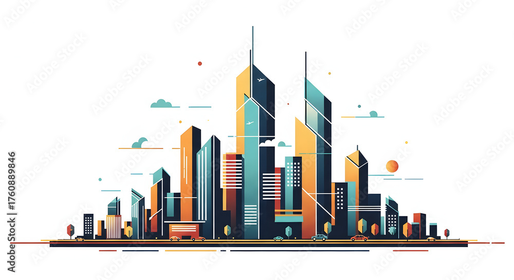 Obraz premium Cityscape Icon Illustration Modern Buildings in Urban Environment, Design Element