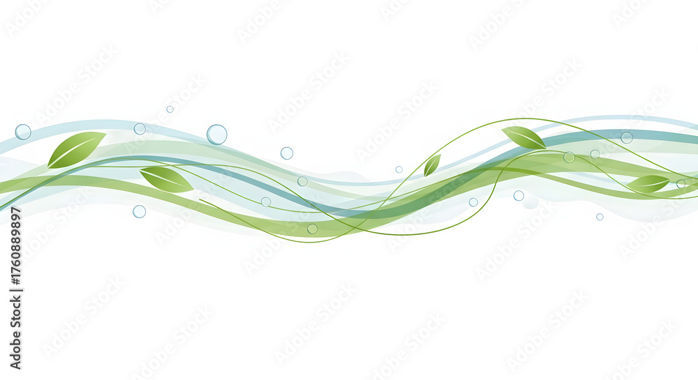 Obraz premium Abstract Green and Blue Wavy Lines with Leaves for Decorative Design Elements or Backgrounds