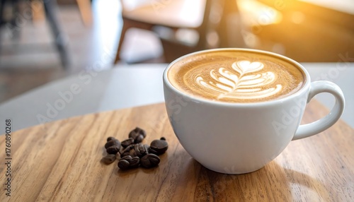 Latte Art and Coffee Beans on Wooden Table.