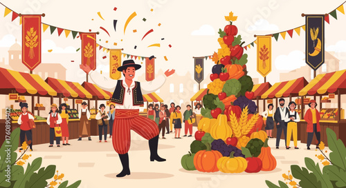 Festive harvest festival celebration with traditional performance and local market