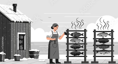 Monochromatic illustration depicting a fishmonger at work, smoking freshly caught fish
