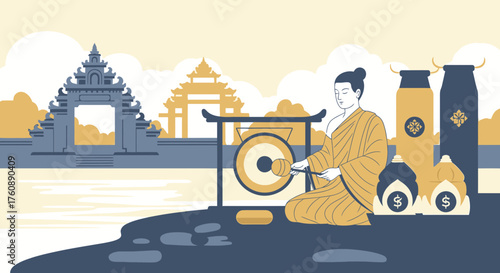 Serene Monk Meditating with Gong in a Tranquil Temple Landscape Illustration
