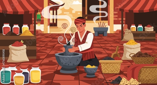 Authentic craftsman creating fragrant incense blends in a traditional market setting