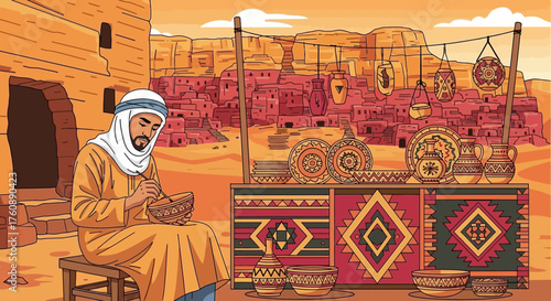 Craftsman Creating Traditional Pottery in a Desert Village Setting Illustration