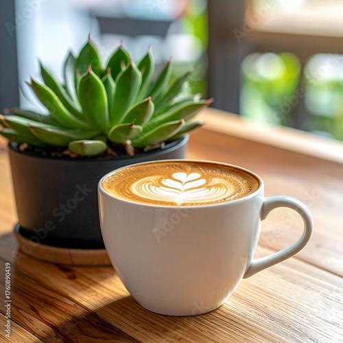 Latte Art and Succulent - A Moment of Coffee and Greenery.