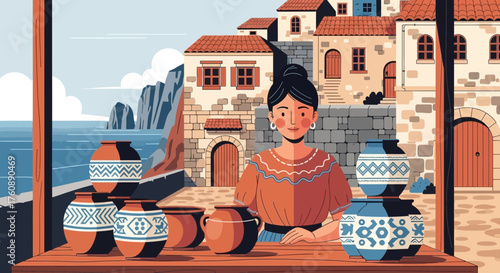 Mediterranean pottery artisan displaying handcrafted ceramics in a coastal village setting