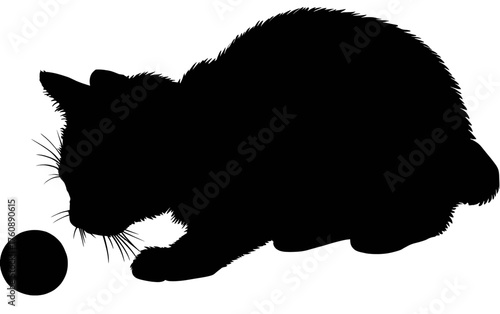 Silhouette of a playful cat bending to bat a small round object on a white background