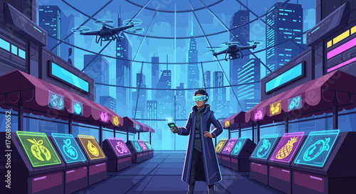 Virtual Reality Shopping Experience in a Futuristic Cityscape with Drones