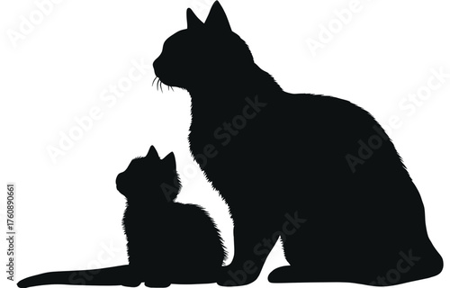 Black silhouettes of a large adult cat and a small kitten on a white background