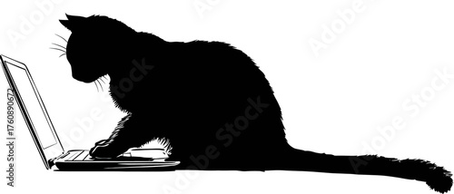 Black cat silhouette sits at a laptop, typing, on a plain white background