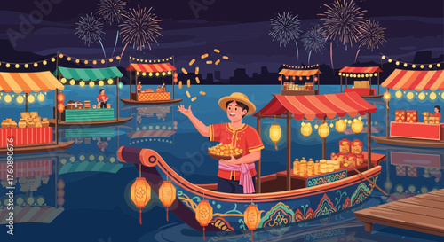 Animated floating market illuminated by festive fireworks at night celebration