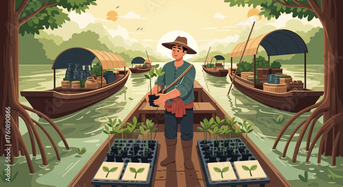 Floating nursery: Cultivating new life in a serene mangrove ecosystem by the water