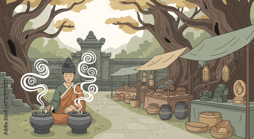 Meditative monk amidst ancient market stalls creates mystical atmosphere