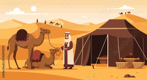 Serene desert oasis: a captivating scene of nomadic life under the vast horizon