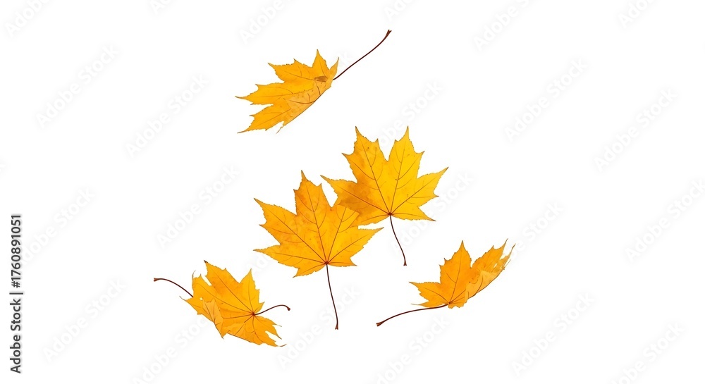 Fototapeta premium Flying yellow autumn maple leaves falling down isolated on white background