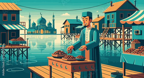 Vibrant depiction of a riverside market scene celebrating Islamic culture