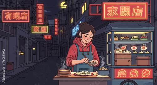 Street Food Vendor in a Vibrant Asian Night Market with Neon Signs