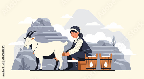 Serene hillside scene: A woman milking a goat amidst rocky mountains