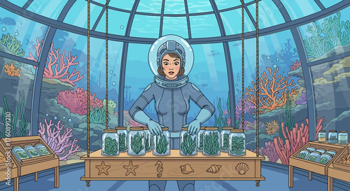 Submerged ecosystem caretaker in dome environment preserving marine vegetation