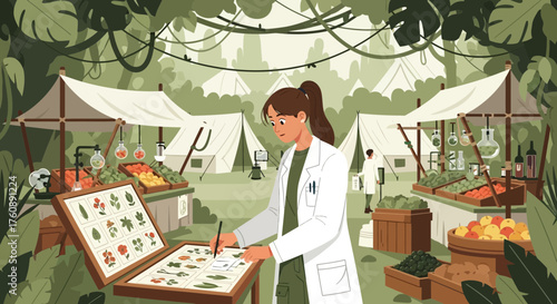 Botanical expedition illustration depicting a scientist cataloging flora specimens