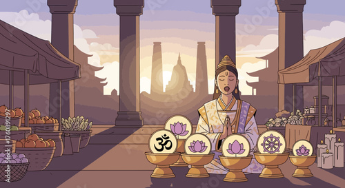 Spiritual harmony: Buddhist devotee in prayer at a ancient asian marketplace