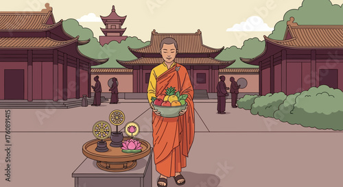 Spiritual offering: A serene illustration of a monk bearing gifts at a temple