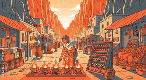 Vibrant marketplace within imposing canyon setting, teeming with life and activity