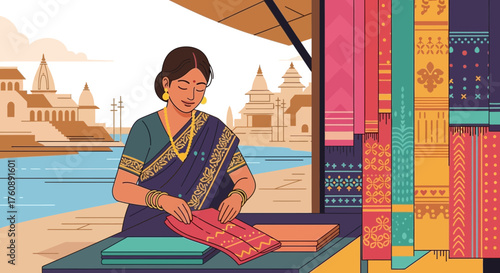 Illustrative Indian Sari Seller in Ganges Riverfront Setting with Cultural backdrop