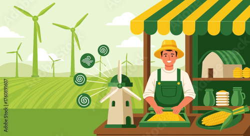 Sustainable Farming and Local Produce: A Farmer's Market Scene with Wind Turbines