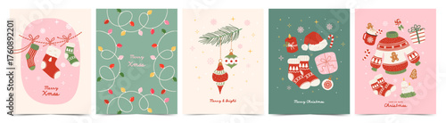 Christmas vintage greeting cards with sweater, socks, Christmas tree toys, garland of light bulbs. Cute Vector holiday elements. Xmas retro poster, cover, background.