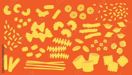 Colorful Italian pasta shapes including spaghetti penne farfalle rigatoni ravioli fusilli macaroni fettuccine pappardelle tortellini on orange background vector illustration