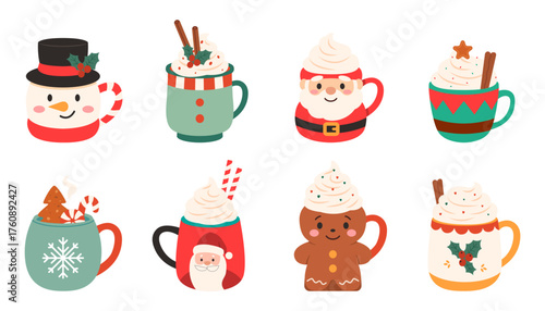 Christmas mugs with snowmen Santa gingerbread and whipped cream toppings vector illustration for holiday and winter celebrations