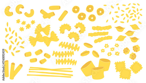 Italian pasta shapes on white background, bright yellow assortment, vector illustration suitable for cooking, food projects, and culinary design