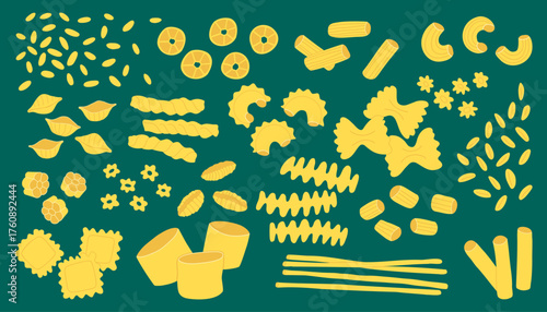 Assorted yellow Italian pasta shapes on dark teal background including spaghetti penne farfalle rigatoni ravioli fusilli macaroni vector illustration