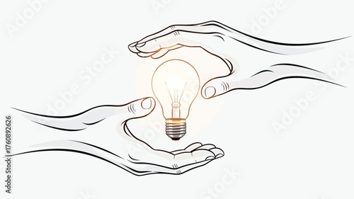 Hands holding a glowing light bulb a sketch illustration representing innovation creativity and the protection of new ideas