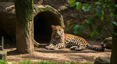 Leopard Resting in Shade Near Rocky Den Entrance with Green Foliage