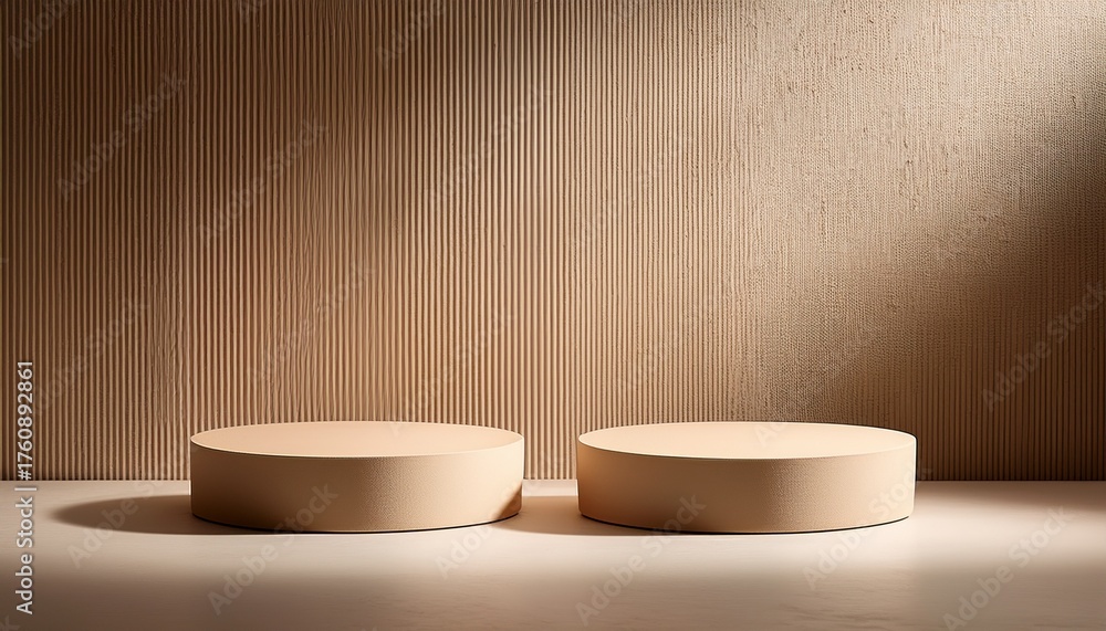 Naklejka premium two round beige podiums on textured wall