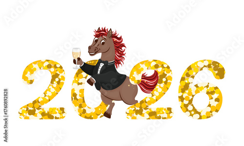 Festive Cartoon Horse Wearing Tuxedo Celebrating New Year 2026 with Champagne Glass