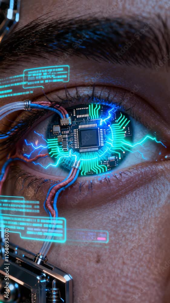Intricate human eye with embedded digital microchip, revealing complex ...