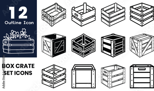Collection of twelve detailed isometric wooden box crate icons for storage and shipping applications silhouette