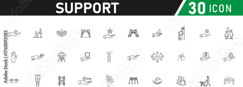 Set of Support icon.  daily plan, accountability circle, slow progress arrow, support journal, recovery meter, peer cheer, follow-up icon. editable liner style